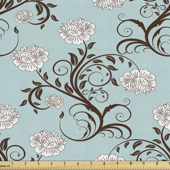 Ambesonne Victorian Fabric by the Yard Upholstery, Vintage Floral Stalks, 10 Yards, Seafoam Brown White