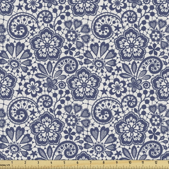 Ambesonne Victorian Fabric by the Yard Upholstery, Lace Style Motifs, 1 Yard, Dark Blue Coconut