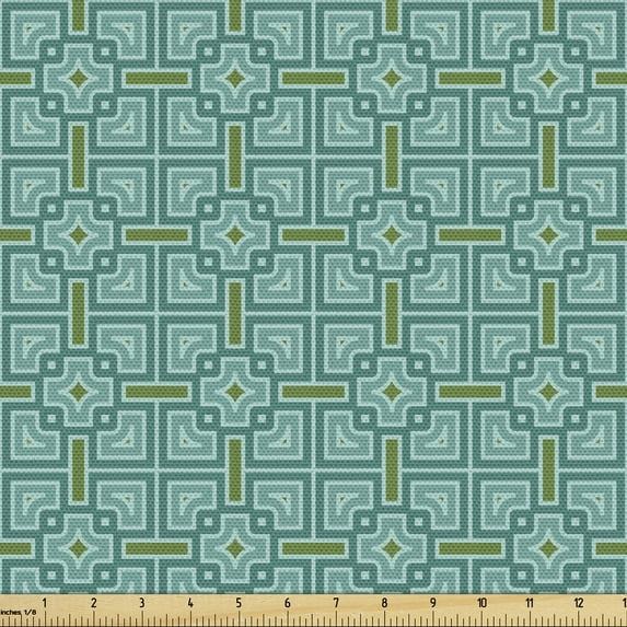 Ambesonne Victorian Fabric by the Yard Upholstery, Mosaic Azulejo Effects, 3 Yards, Turquoise Fern Green