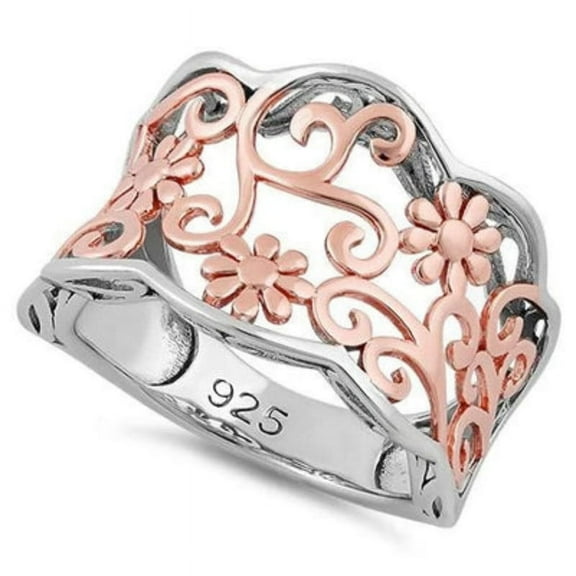 Victorian Filgree Vines 925 Sterling Silver Rose Gold Two Tone Flowers Ring_5