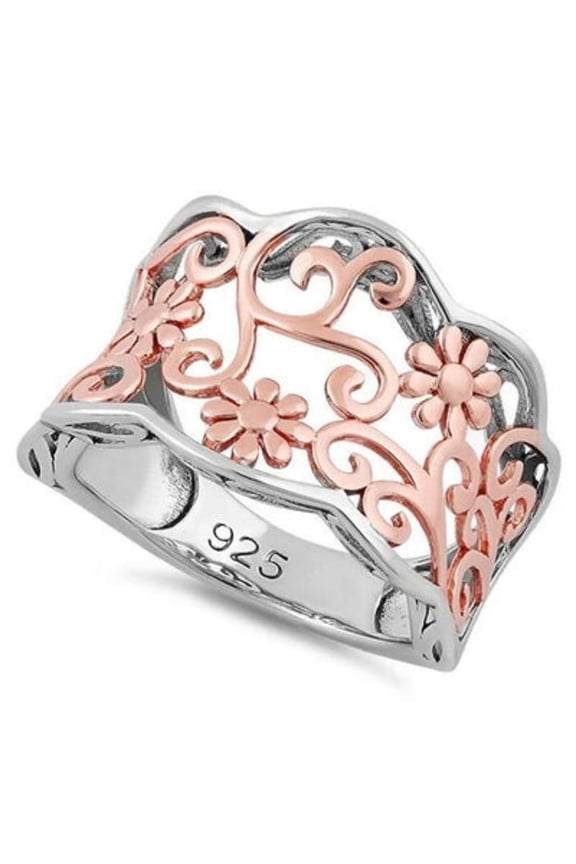 Victorian Filgree Vines 925 Sterling Silver Rose Gold Two Tone Flowers Ring_9.5