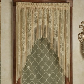 Victorian Fleur-de-Lis Lace Fringed Polyester Rod Pocket Swag Valance Pair, 75 x 38 Inches