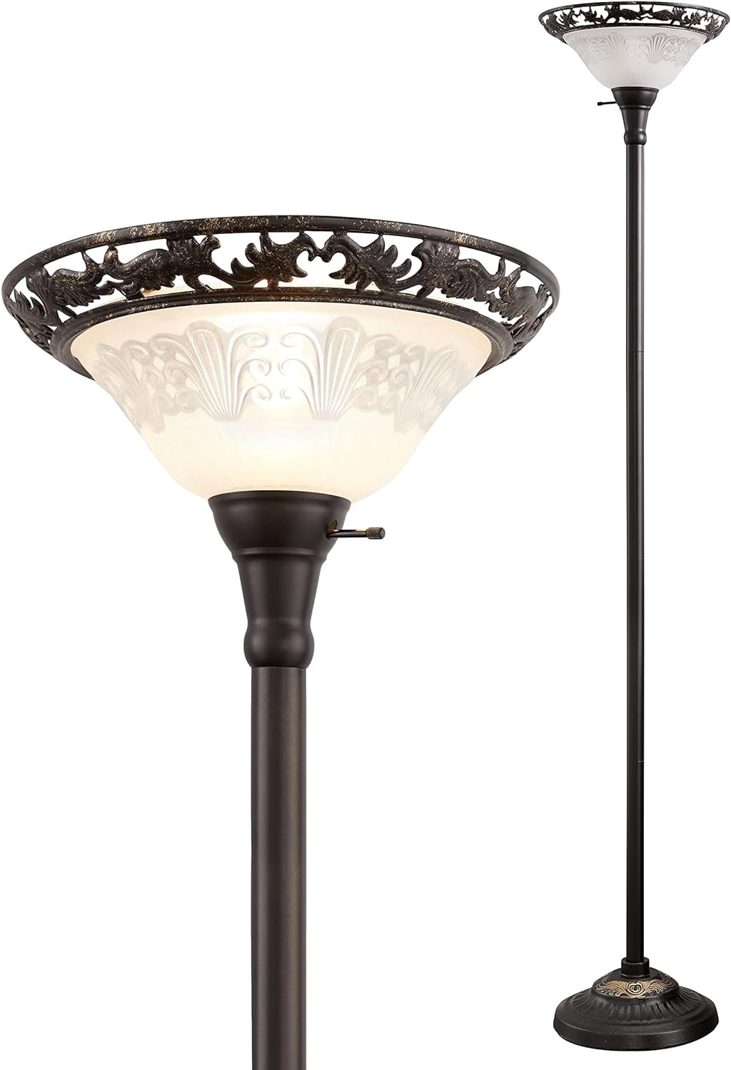 HonoDing Torchiere Floor Lamps For Living Room & Bedroom – Stand Up Lamp With Corner Floor Lamp Design – Traditional Iron Scroll 70" Tall Alabaster Glass Bowl Shade (Brown