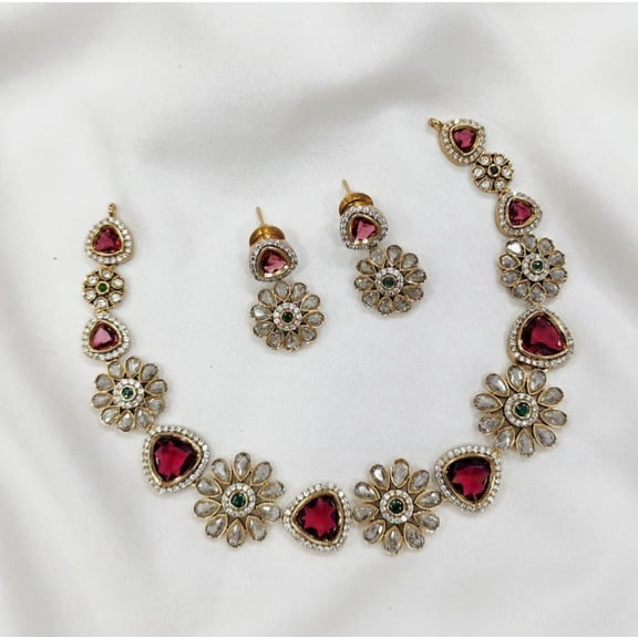 Victorian & Floral Design South Indian Bollywood Gold-Plated Ruby, Green & White Kemp Stone Choker Necklace Set with Drop Earrings  Matte Finish Brass Bridal Jewelry.