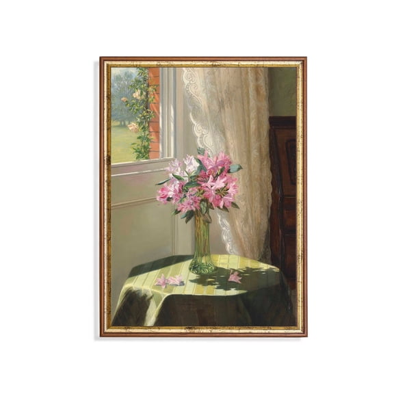 Victorian Floral Still Life Poster Pink Azaleas, Sunlit Window Unframed Paper Print