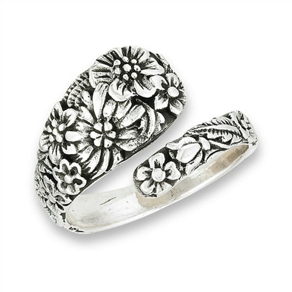 Victorian Flower Open Adjustable Spoon Ring .925 Sterling Silver Band Jewelry Female Male Size 6