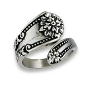SAC SILVER Victorian Flower Spoon Ring Stainless Steel Open Wrap Vintage Band Gray Jewelry Female Male Size 7