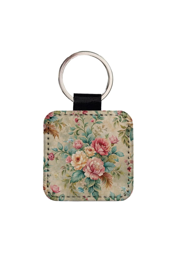 Victorian Flowers Wallpaper Faux Leather Square Keychain