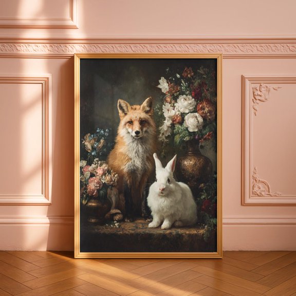 Victorian Fox And Rabbit Print Dark Academia Woodland Animal Wall Art, Unframed Paper Print