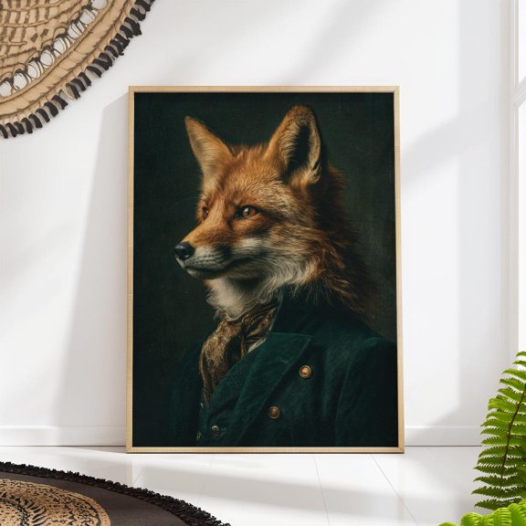 Victorian Fox Portrait Wall Art Print, Renaissance Inspired Woodland Animal And Deep Green Decor