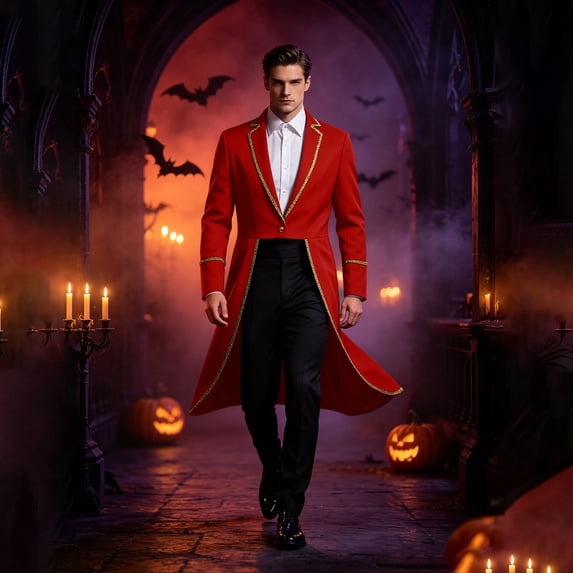 Victorian Frock Coat, Ringmaster Circus, Outfit Tailcoat, Long Tailcoat Magician, Long Tailcoat Magician Costume Gold Trim Victorian Frock Coat Ringmaster Circus Outfit for Movie Night, Red M