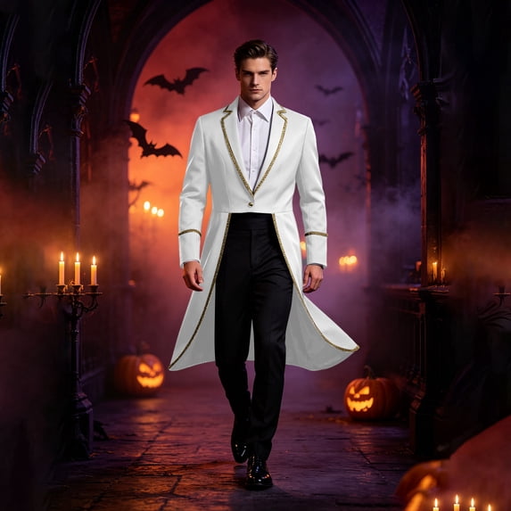 Victorian Frock Coat, Ringmaster Circus, Outfit Tailcoat, Long Tailcoat Magician, Long Tailcoat Magician Costume Gold Trim Victorian Frock Coat Ringmaster Circus Outfit for Movie Night, White M