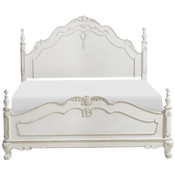 Victorian Full Bed Frame with Floral Carved Headboard & Footboard, Antique White Finish Classic Bedroom Furniture