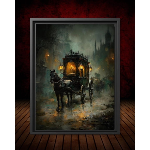 Victorian Funeral Hearse Art Poster Horse Drawn Carriage Artwork, Dark Academia Wall Decor London Street Scene Vintage Style, Unframed Poster Size 8x12