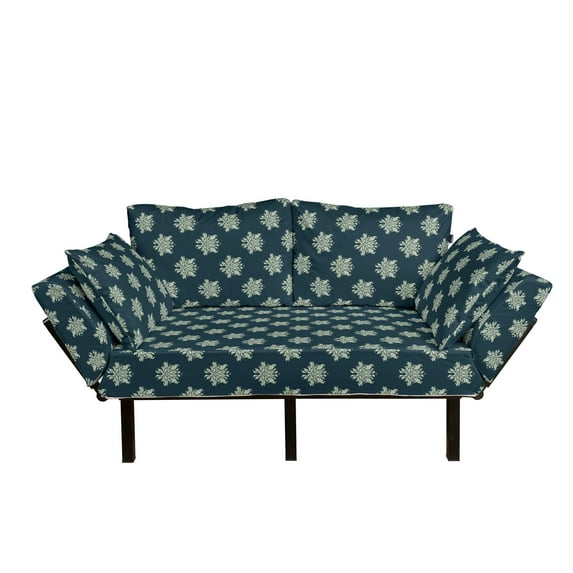 Victorian Futon Couch, Damask Style Swirls and Foliage Leaves Pattern with Motifs, Daybed with Metal Frame Upholstered Sofa for Living Dorm, Loveseat, Dark Blue Pale Green, by Ambesonne