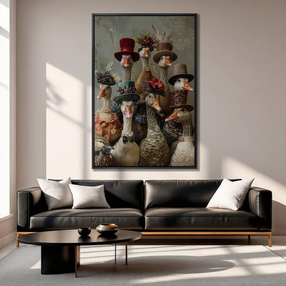 Victorian Geese Art: Quirky Family Portrait, Whimsical Wall Decor, Unframed Canvas Size 24x36