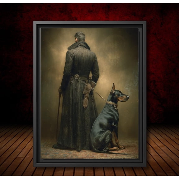Victorian Gentleman And Doberman Poster Dark Gothic Noir Art, Steampunk Cane Masterpiece, Moody Wall Decor For Men For Dark Rooms, Unframed Poster Size 8x12