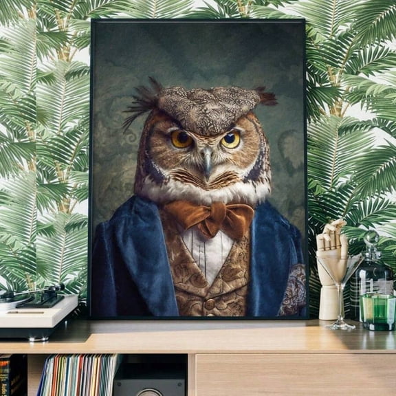 Victorian Gentleman Owl Wall Art Print, Anthropomorphic Owl Portrait in Blue Velvet Coat and Bow Tie, Vintage Dark Academia Animal Artwork for Living Room Decor
