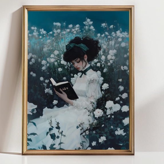 Victorian Girl Reading In White Rose Garden Wall Art Print, Romantic ...