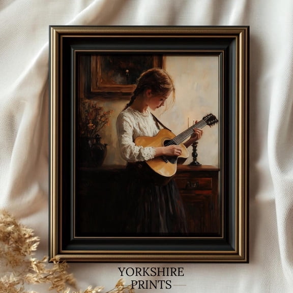 Victorian Girl With Guitar Art Print, Classical Music Room Decor, Unframed Canvas 8x10in