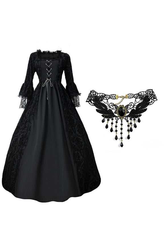 Victorian Gothic Ball Gown Dress with Lace Details & Choker Necklace - Renaissance Inspired Evening Dress