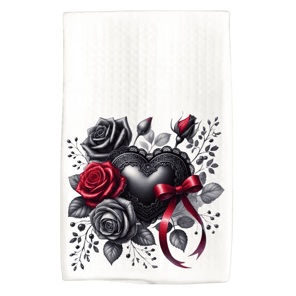 Victorian Gothic Black Heart Kitchen Dish Towel, 16 x 24, Red Ribbon Floral Dcor