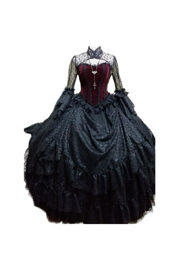Victorian Gothic Black & Red Steampunk Vampire Wedding Dress Lace Bridal Ball Gown Long Sleeve Floor Length Gothic Elegance
