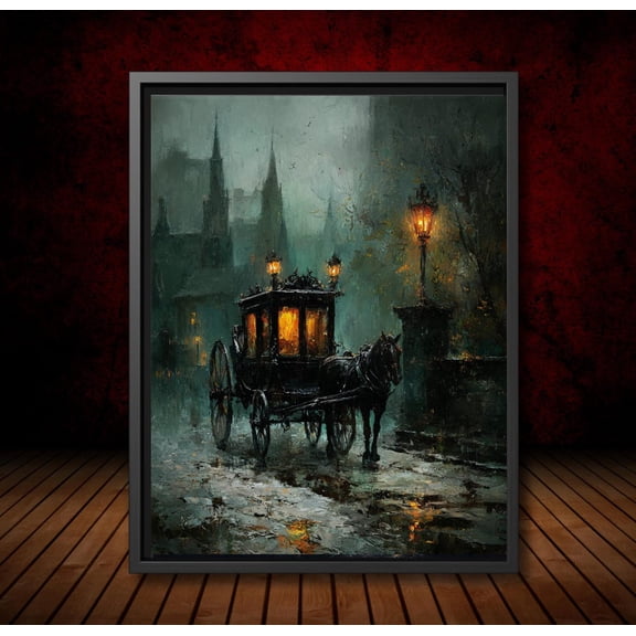Victorian Gothic Carriage Art Poster Dark Academia Wall Decor, Haunted Street Horse Carriage Artwork, Mysterious Cityscape, Moody Vintage, Unframed Poster Size 8x12