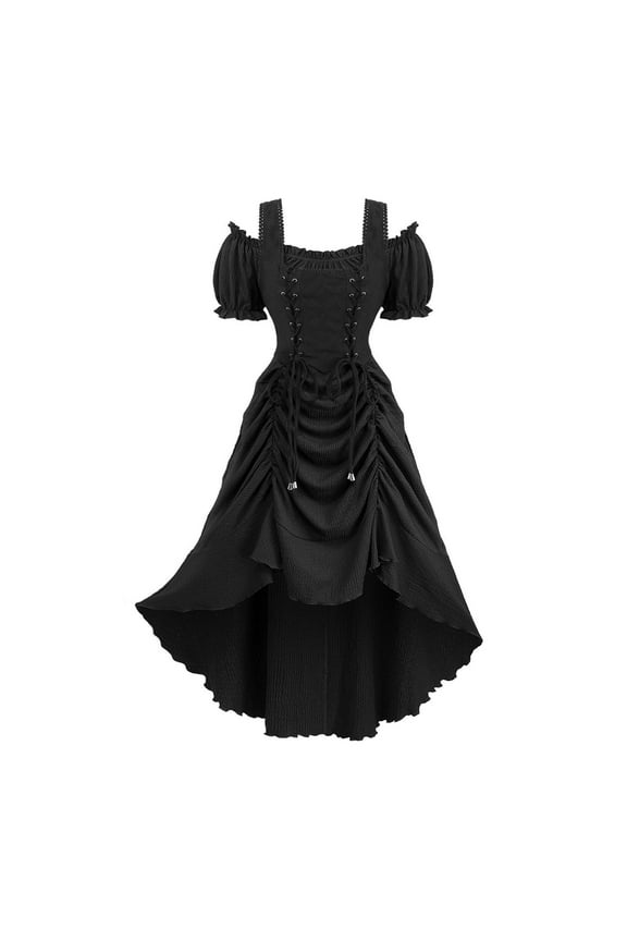 Victorian Gothic High Low Dress for Women, Puff Sleeve Lace Up Steampunk Renaissance Cosplay Party Dress