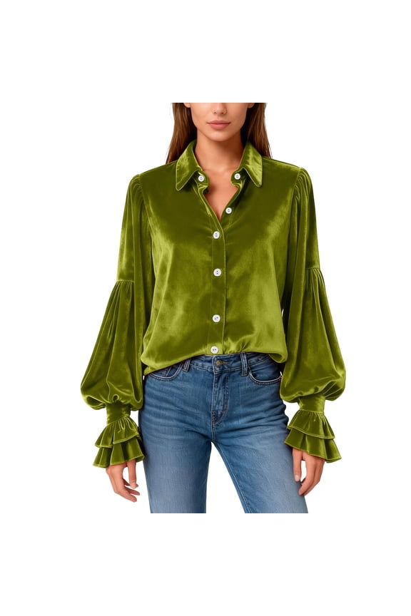 Victorian Gothic Inspired Shirt – Women's Vintage Style Button Up Blouse with Lapel Collar in Metallic Velvet, Long Sleeve Loose Fit Tunic for Dressy Casual Occasions