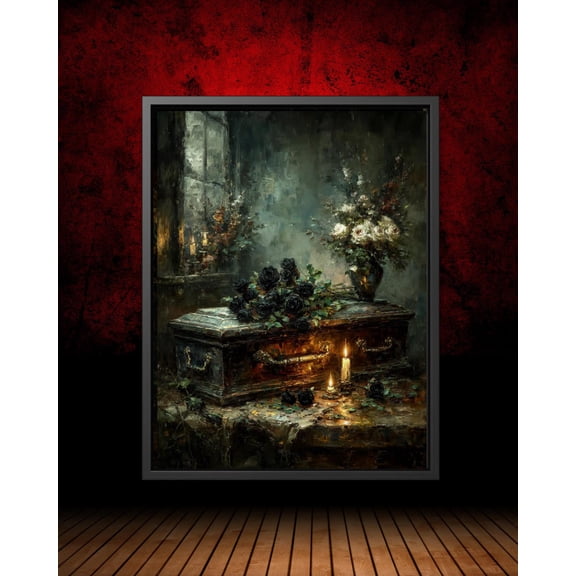 Victorian Gothic Mourning Art , Dark Romantic Funeral Scene With Black Roses, Macabre Still Life Wall Decor, Moody Candlelit Unframed Paper Print
