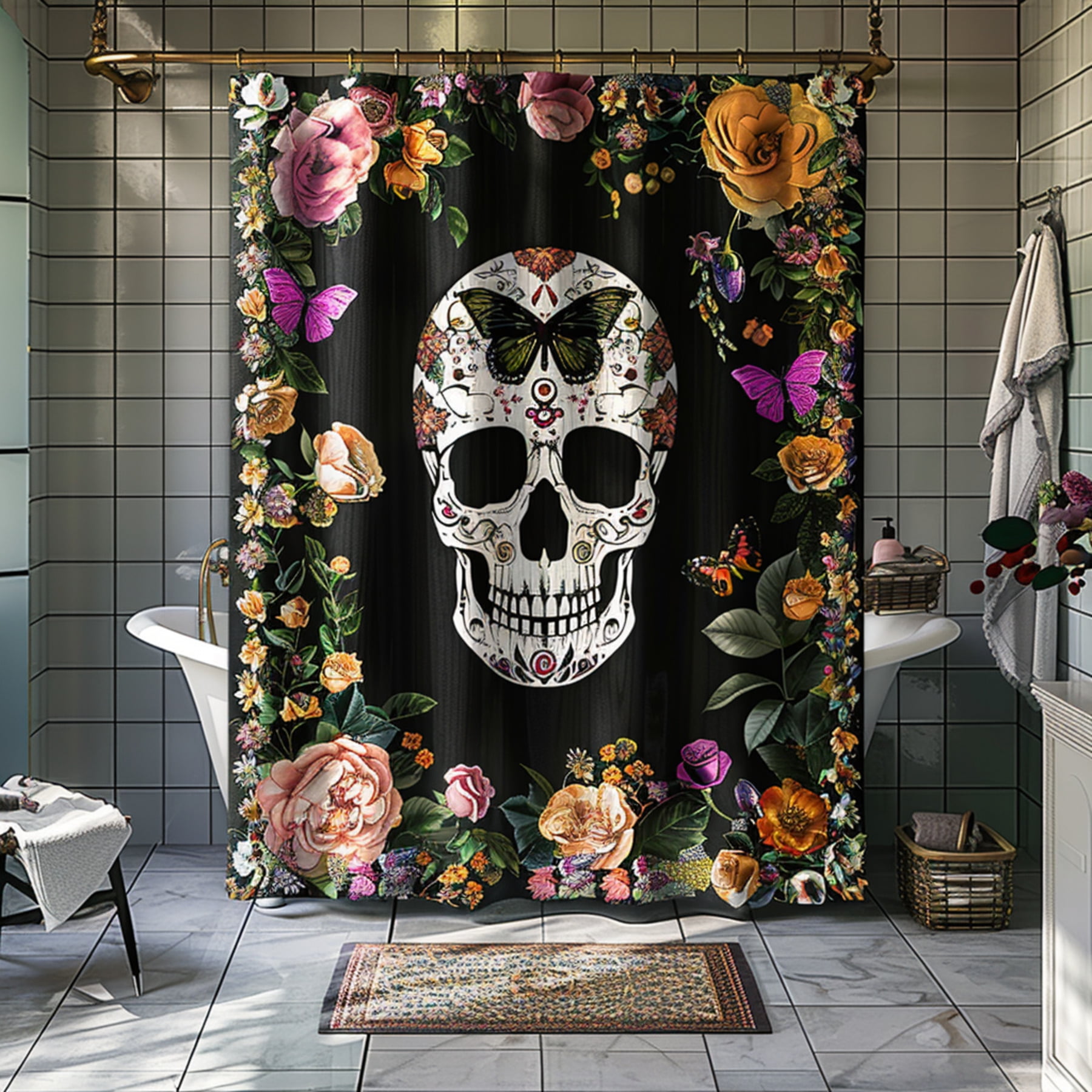 Victorian Gothic Skull Butterfly Shower Curtain with Floral Border Boho and Hyper Realistic