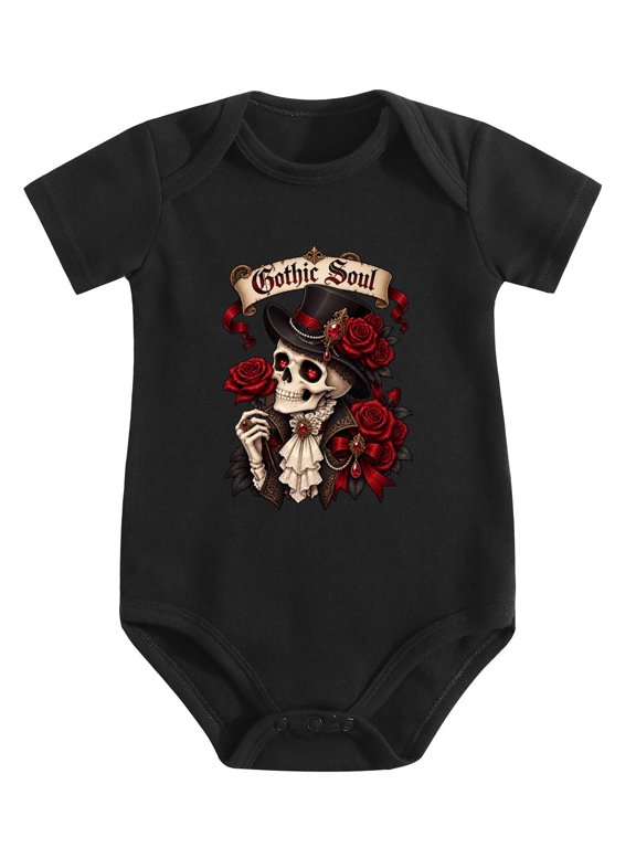 Victorian Gothic Skull Rose Pattern Baby Bodysuit, 100% Cotton Short Sleeve Snap Romper, 0-12 Months