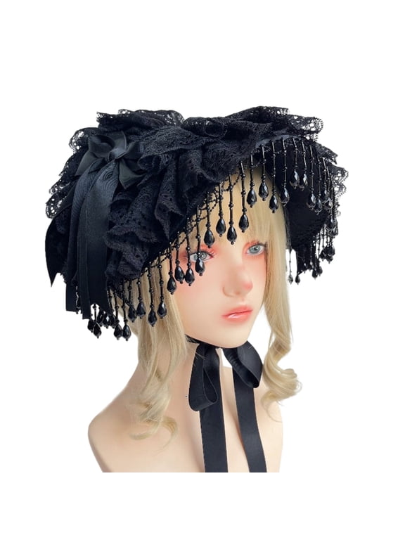 Victorian Gothic Teaparty Hat with Lace Bowknot Design Black Pearls Tassesl Hat