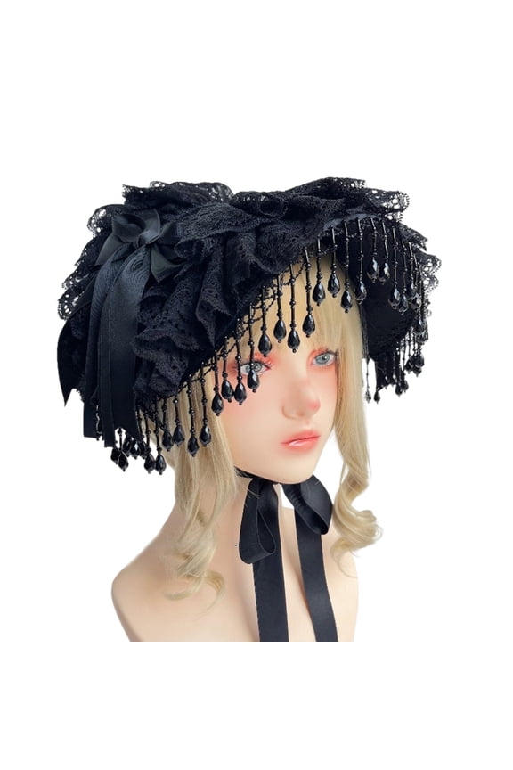 Victorian Gothic Teaparty Hat with Lace Bowknot Design Black Pearls Tassesl Hat