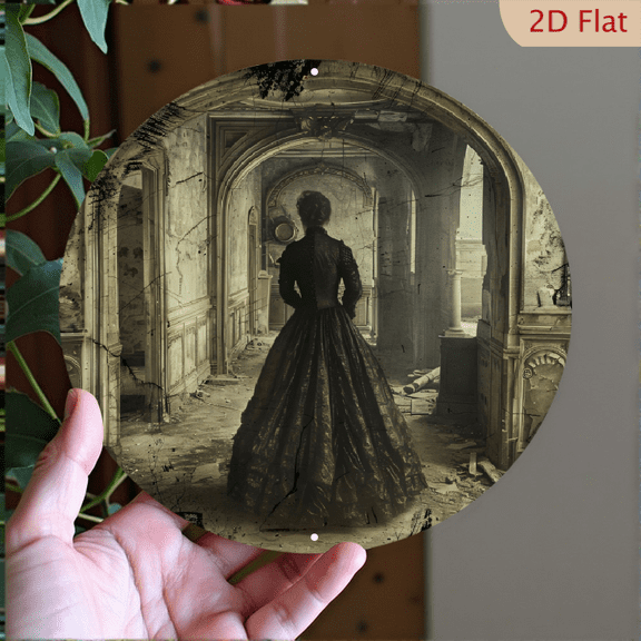 Victorian Gothic Woman in Abandoned Manor Round Aluminum Wall Art, 8x8 Inch Vintage Sepia Tone Ruined Palace Decor, Distressed Architectural Photo Print for Home Gallery