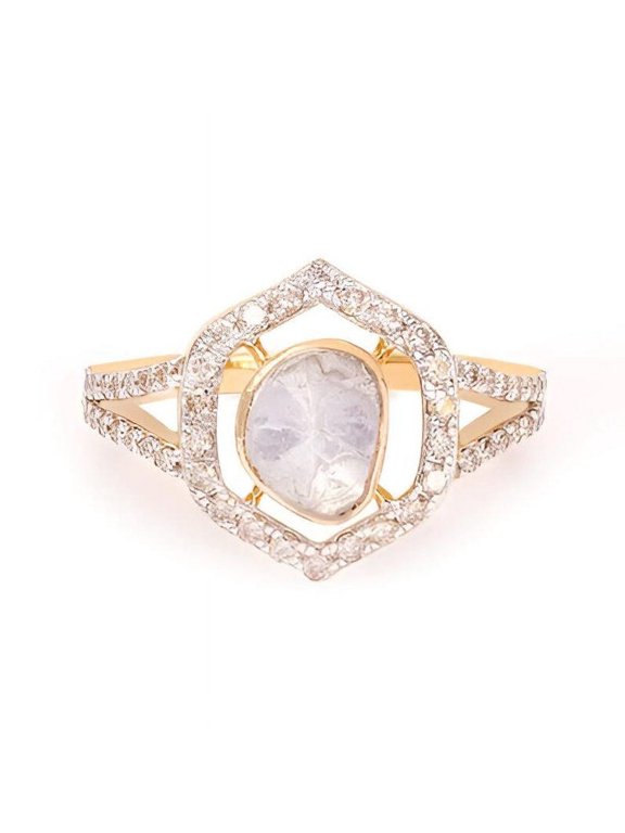 Victorian Handmade Ring, 10k Solid Gold Jewelry, Natural Uncut Polki & Single Cut Diamond Ring, Engagement Jewelry Ring