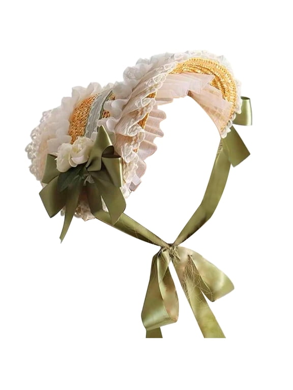 Victorian Hats for Women, Adjustable Victorian Bonnet with Green Bows and White Lace Decor, Lolita Hat with Strap for Tea Party Costume, Renaissance Hat, Hats for Women