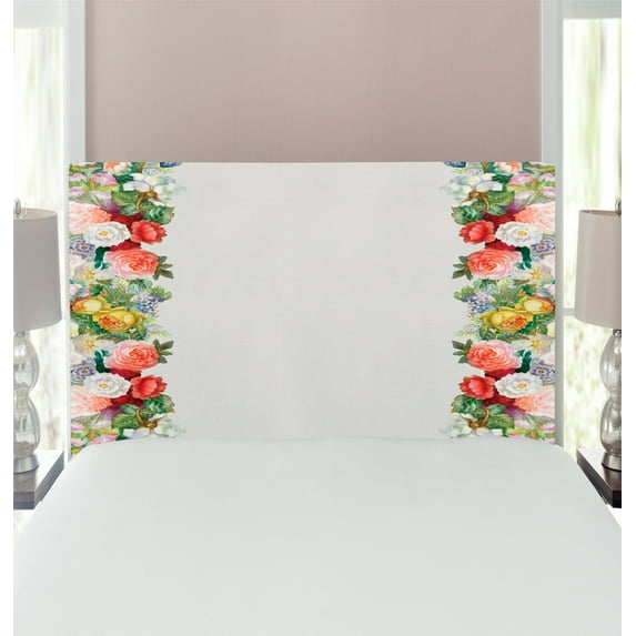 Victorian Headboard, Rose Garland Pastel Tones Jasmine Cornflower Bouquet Classic Bloom Graphic, Upholstered Decorative Metal Bed Headboard with Memory Foam, Twin Size, Red Yellow Green, by Ambesonne