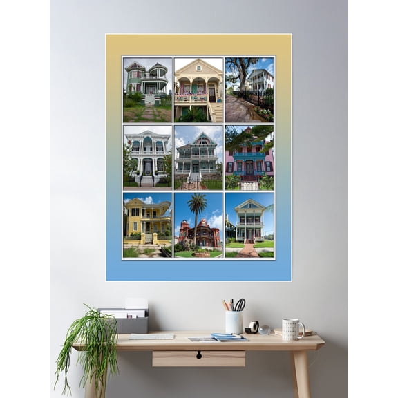 Victorian Homes Of Galveston Island Poster Wall Art, Modern Wall Decor For Living Room Bedroom, 8x12 UNFRAMED