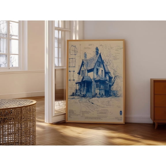 Victorian House Blueprint Art Print Detailed Architectural Sketch Poster