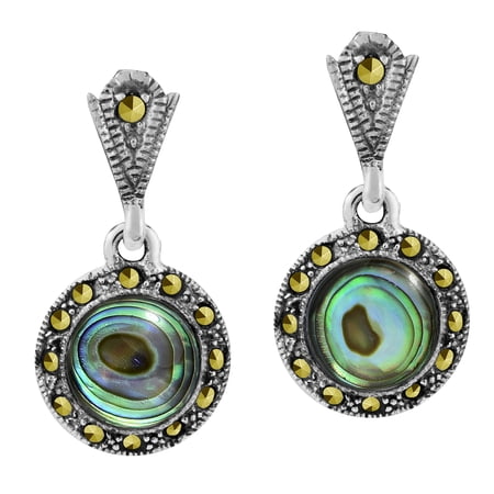 Victorian Inspired Round Abalone Shell Marcasite and Sterling Silver Earrings