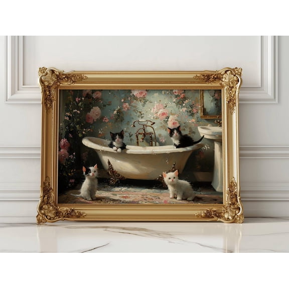 Victorian Kitten Bathroom Poster, Romantic Cat Bath Print, Floral Kitty Wall Art, Cat Bathroom Decor, Cat Mom Idea,, Unframed Poster Size 24x36