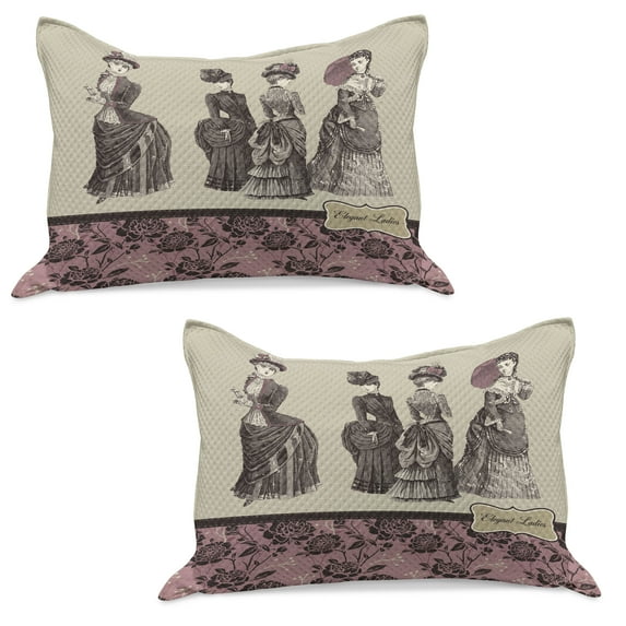Victorian Knitted Quilt Pillowcover Set of 2, Ladies Clothes Fashion History Dress Handbag Feather Gloves Floral Design Print, Standard Queen Pillow Sham Bedroom, 30" x 20", Grey Rose, by Ambesonne