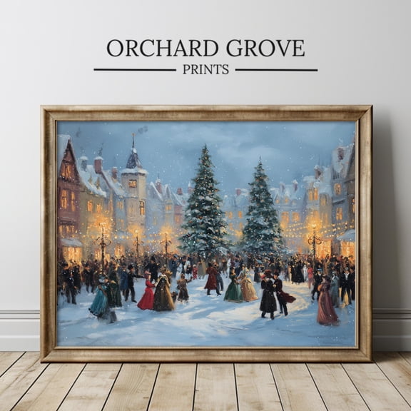 Victorian Kristmas Town Print, Vintage Wall Art, Festive Winter Scene, Kristmas Tree Print, Winter City Art Warm Present Vintage UNFRAMED Poster Size 16x24