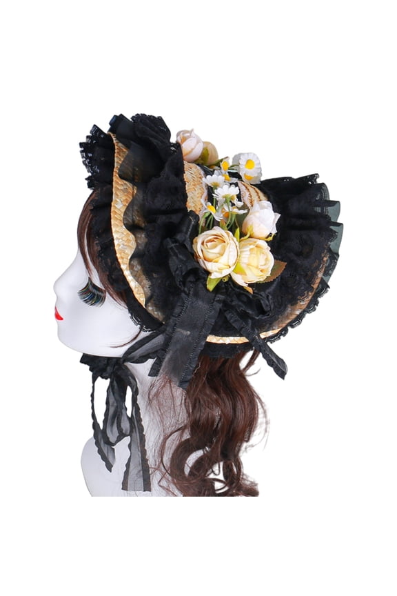 Victorian Lace Designs Straw Bonnet Hat For Women With Ruffled Trim and Rose Flower For Cocktail Party And Cosplay Event