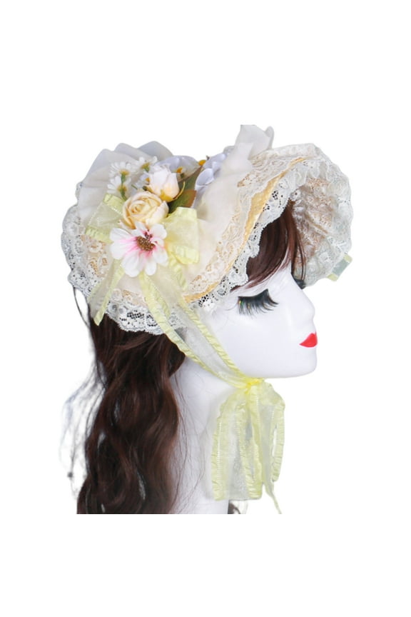 Victorian Lace Designs Straw Bonnet Hat For Women With Ruffled Trim and Rose Flower For Cocktail Party And Cosplay Event
