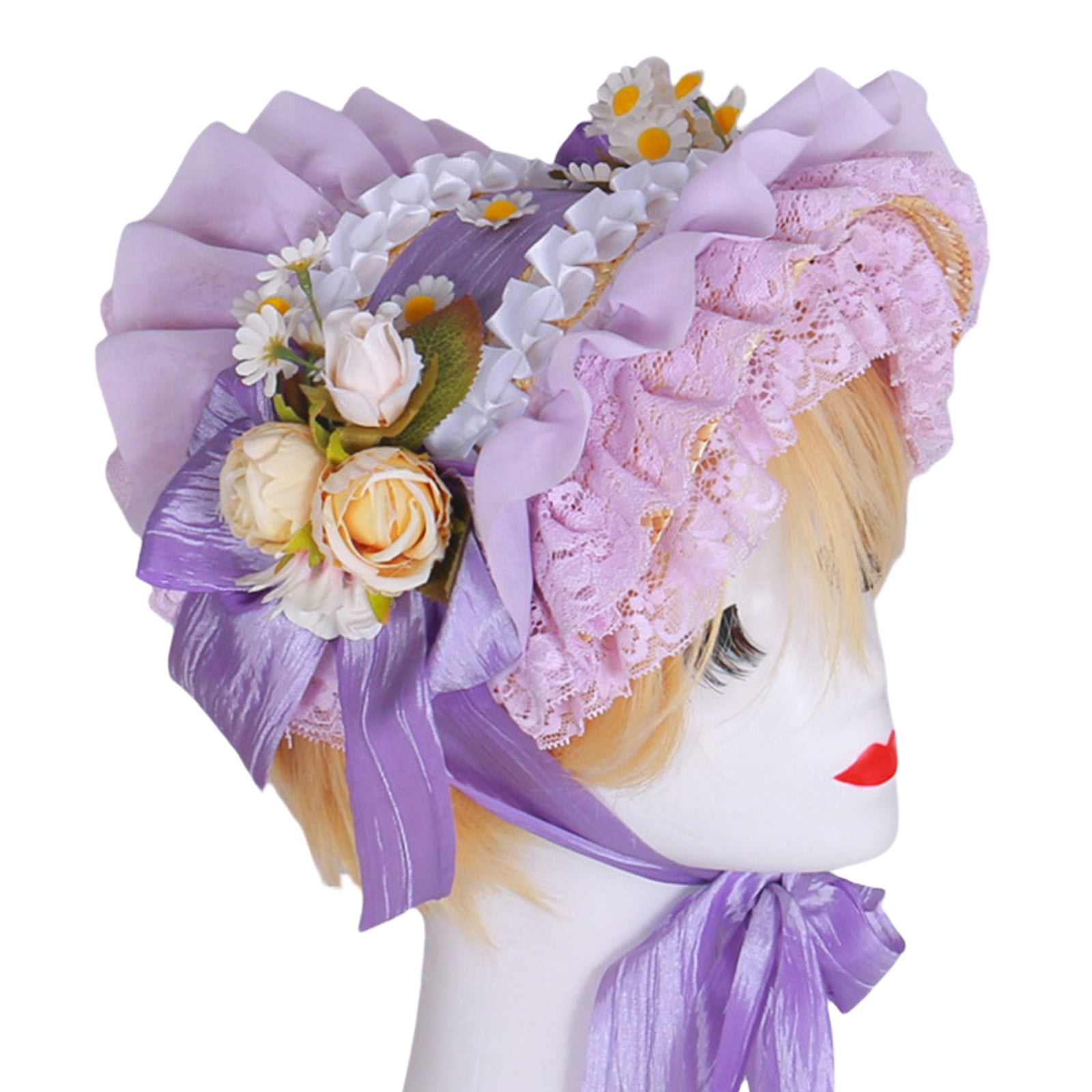 Victorian Lace Designs Straw Bonnet Hat For Women With Ruffled Trim and Rose Flower For Cocktail Party And Cosplay Event