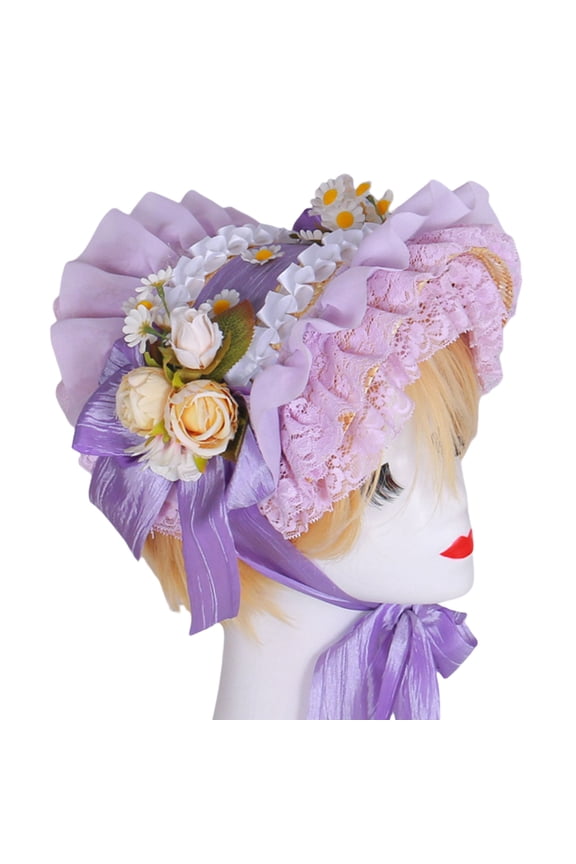 Victorian Lace Designs Straw Bonnet Hat For Women With Ruffled Trim and Rose Flower For Cocktail Party And Cosplay Event