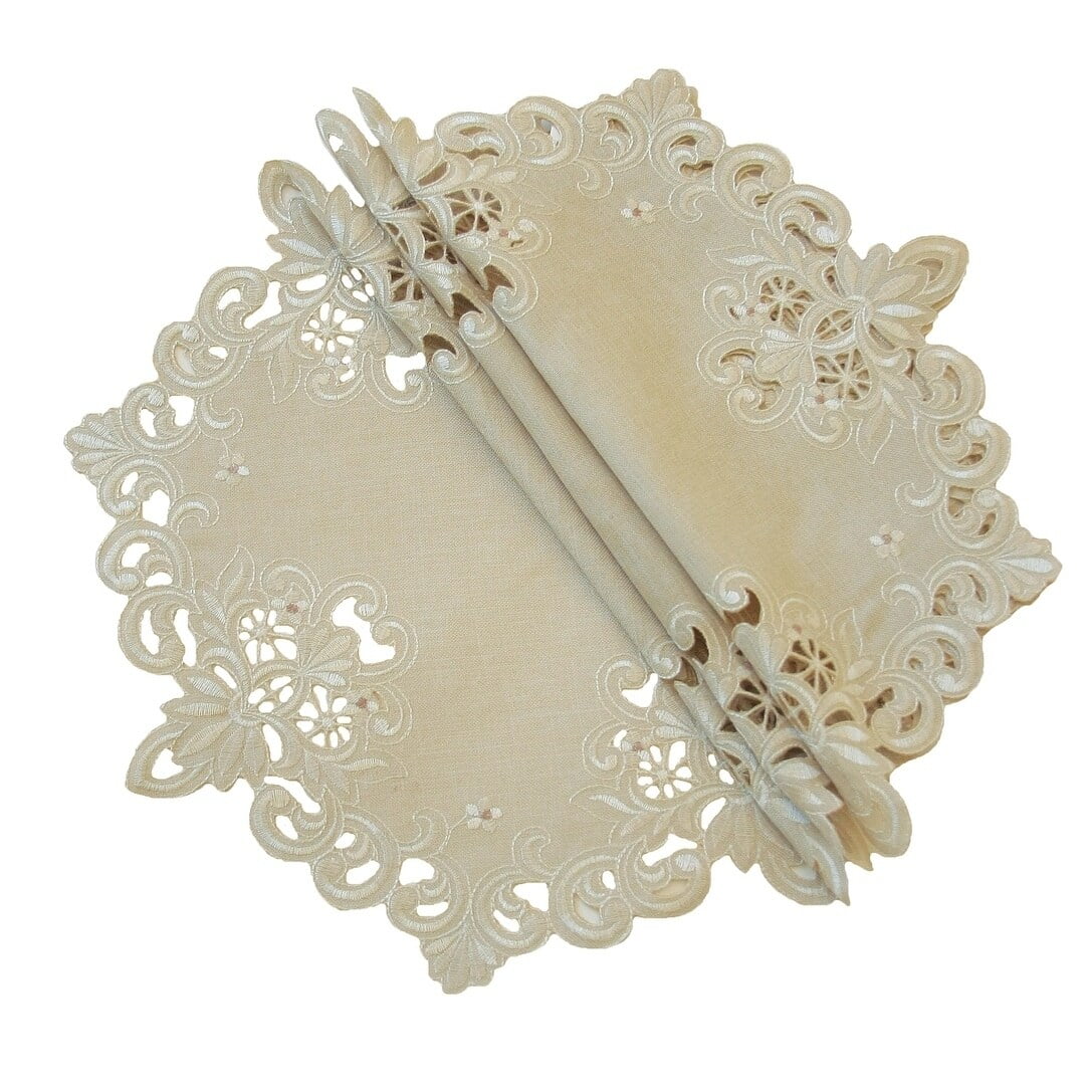 Ivory Polyester Floral Embroidered Round Doily Set